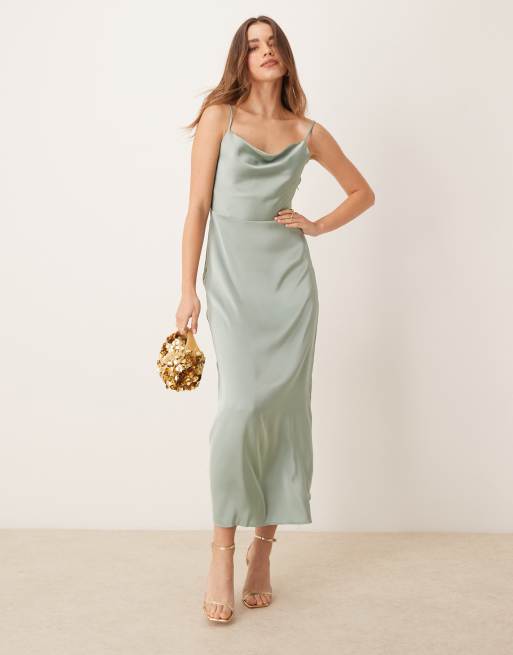 VILA satin cowl neck maxi dress in milieu green | ASOS