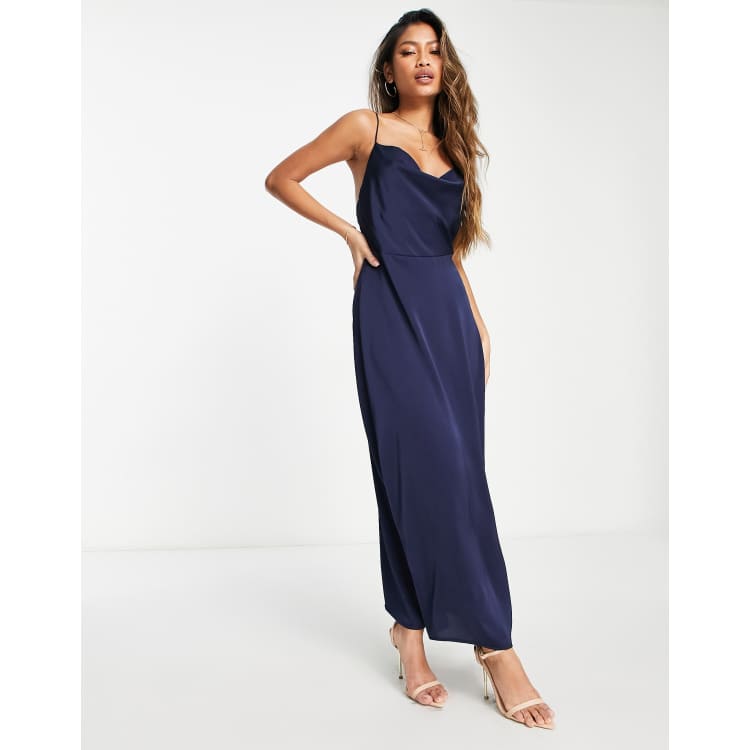 chinese dress ladies Rihoas Satin Slip Maxi Dress for Women, Navy / L