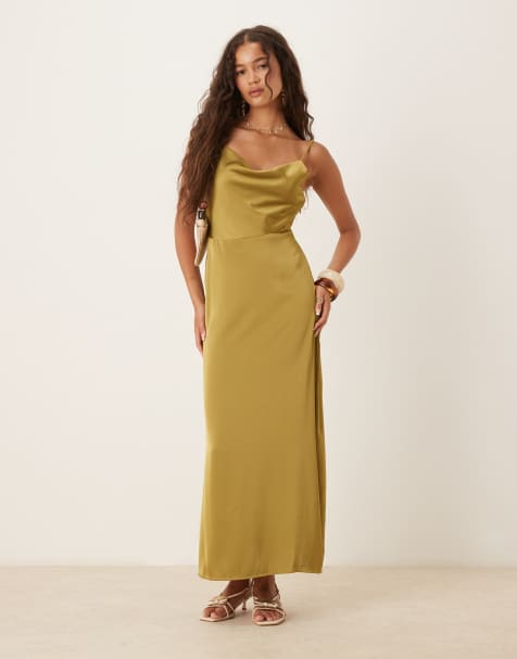 Vila satin cowl neck maxi dress in olive green - view 1