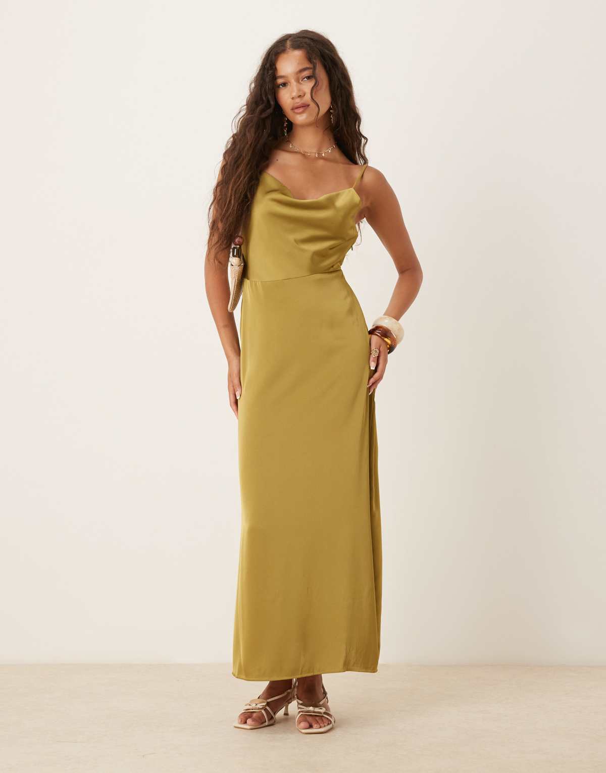 Vila satin cowl neck maxi dress in olive green