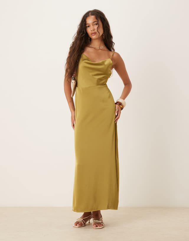 olive green cowl neck dress Vila Satin Maxi in Vietnamese