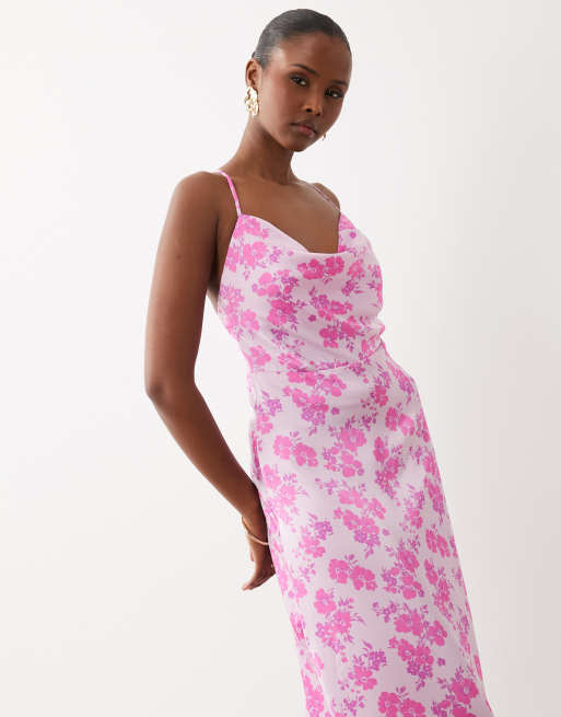 Vila satin cowl neck maxi dress in pale pink ditsy floral print, 2 of 4
