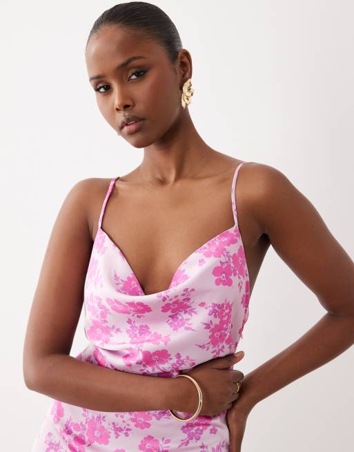Vila satin cowl neck maxi dress in pale pink ditsy floral print, 3 of 4