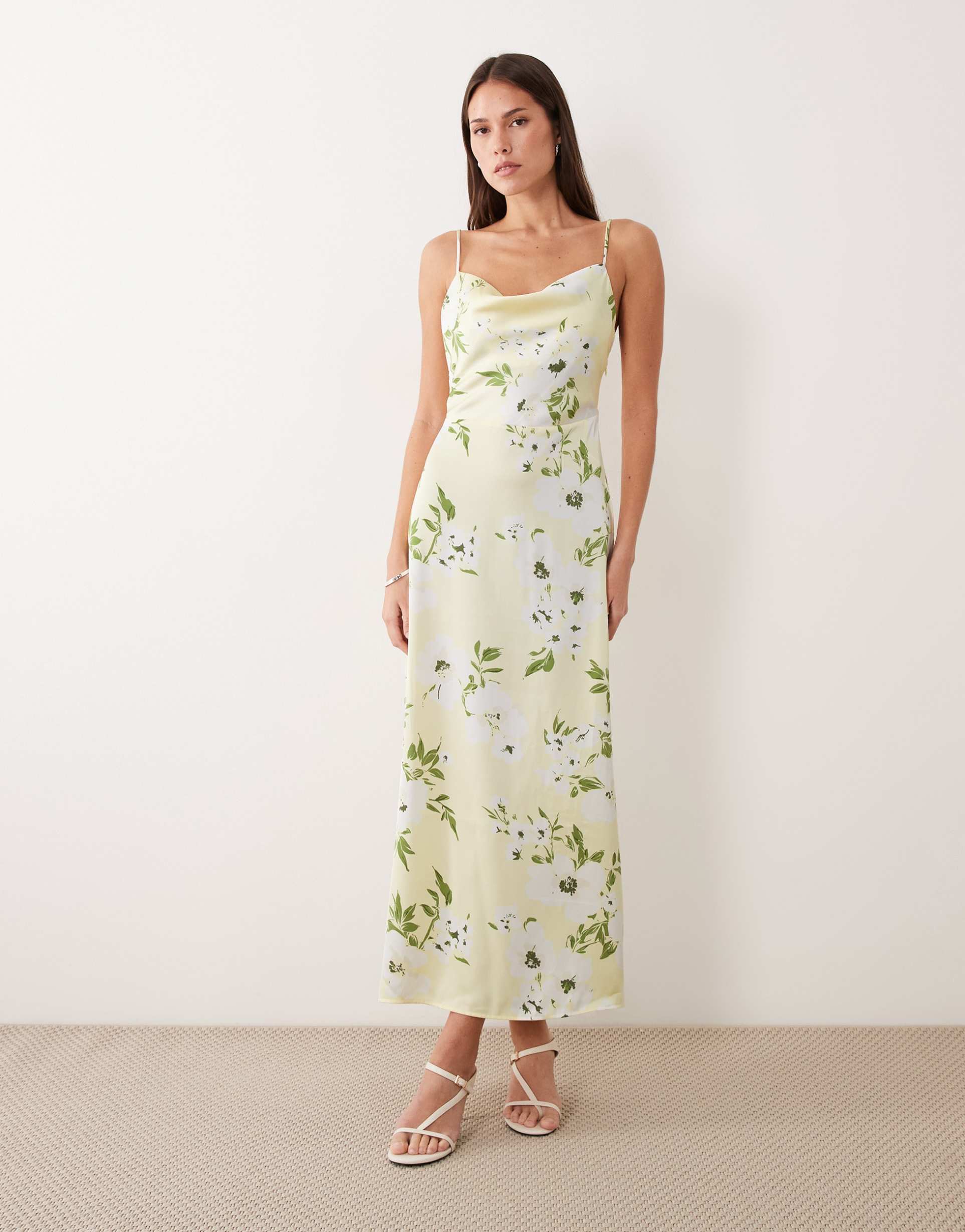 vila satin cowl neck maxi dress in pastel yellow floral print