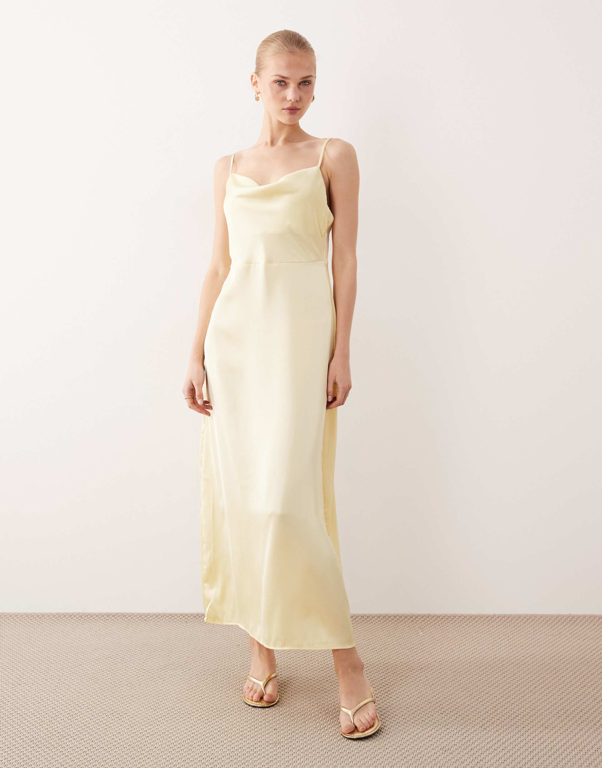 vila satin cowl neck maxi dress in pastel yellow