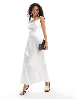 satin cowl neck maxi dress in silver white