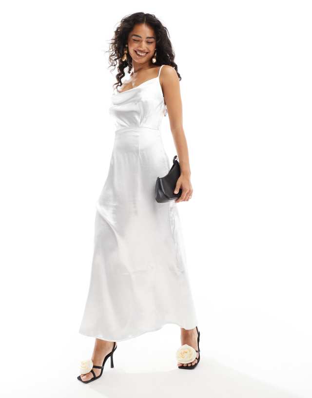 Vila - satin cowl neck maxi dress in silver white