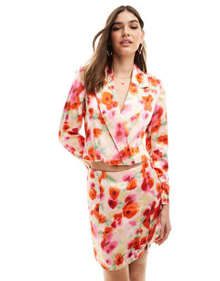 satin cropped blazer in poppy red floral - part of a set-Multi