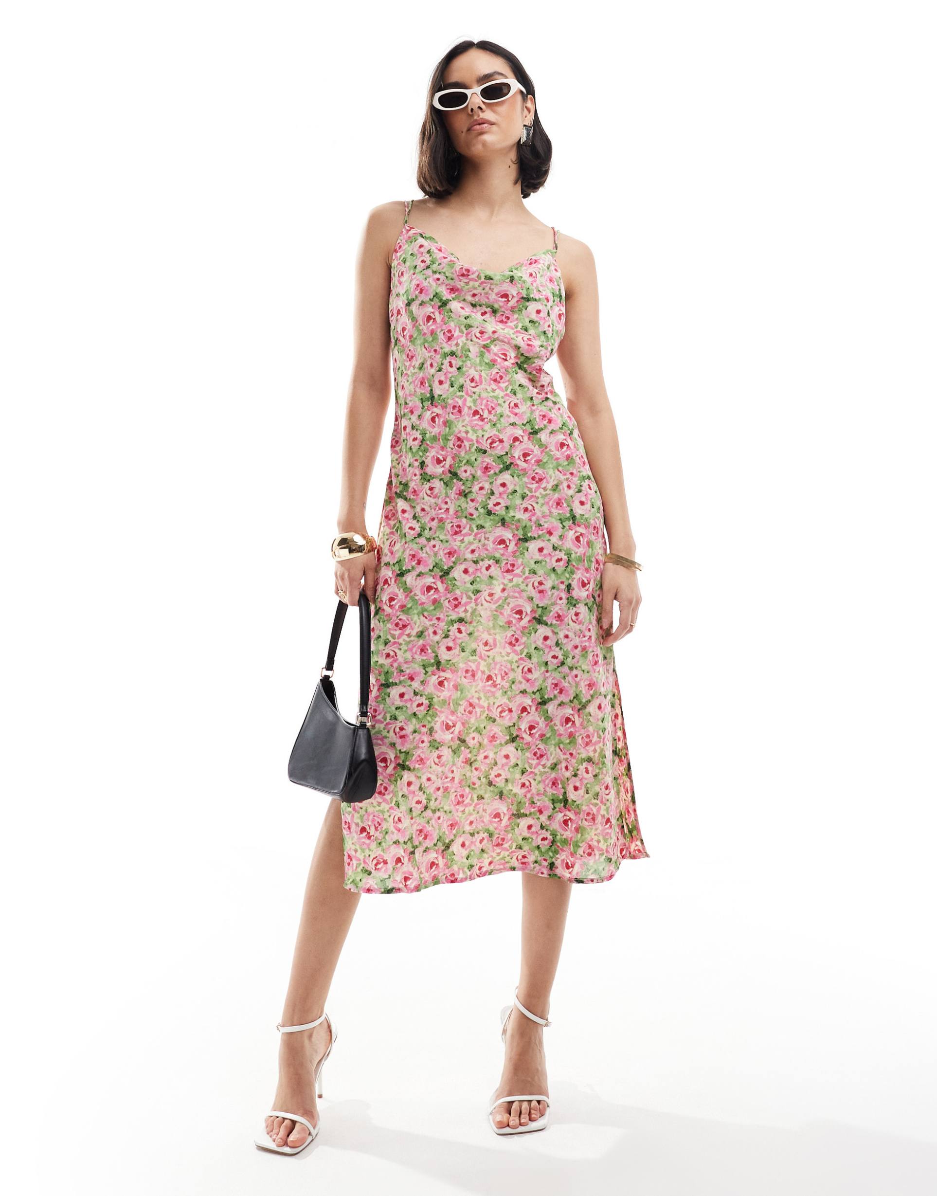 vila satin cross back cami midi dress in floral print