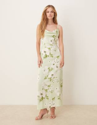 Vila Satin Floral Midaxi Dress In Multi