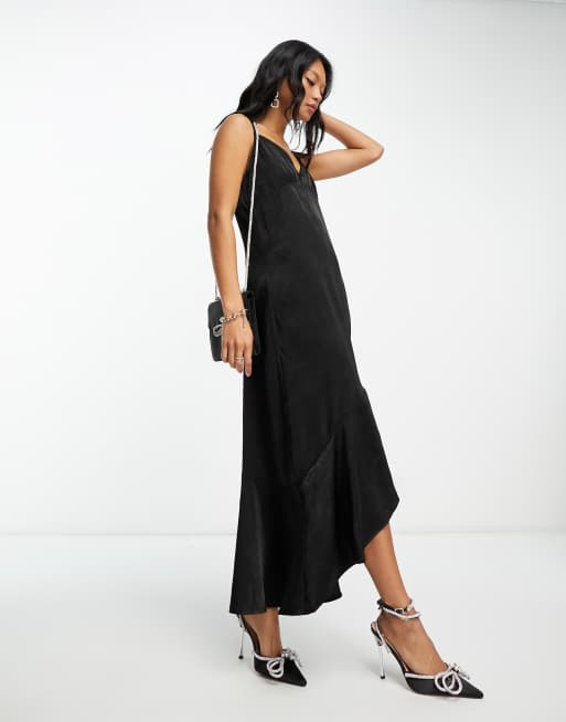 Vila satin flounce midi dress in black