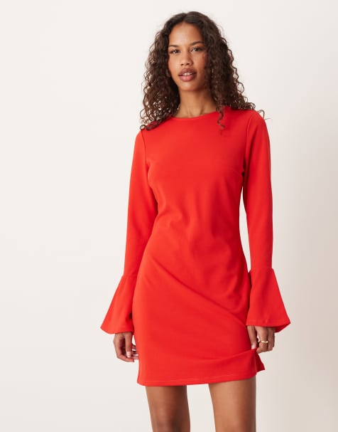 Vila satin fluted sleeve mini dress in red - view 1