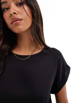 Vila Satin Front T-shirt With Cuffed Sleeves In Black