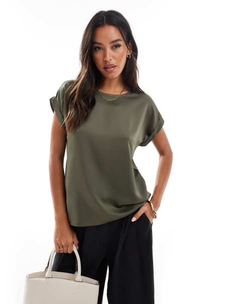Vila satin front t-shirt with cuffed sleeves in dusty olive - view 1