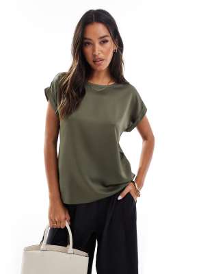 Vila Vila satin front t-shirt with turn up sleeve in dusty olive-Green