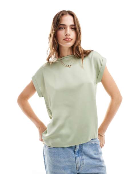 Vila satin front t-shirt with turn up sleeve in sage green - view 1