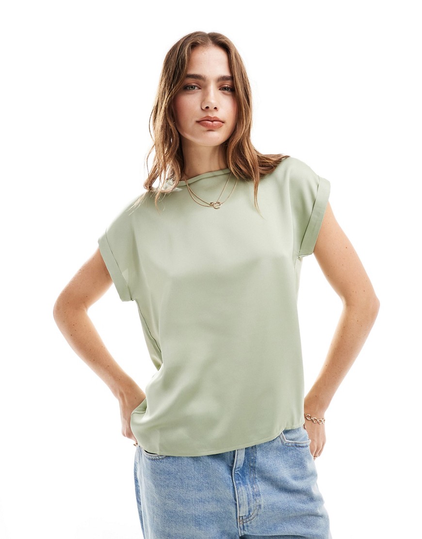Vila satin front t-shirt with turn up sleeve in sage green