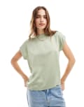 [Vila] Vila satin front t-shirt with turn up sleeve in sage green 38 Swamp
