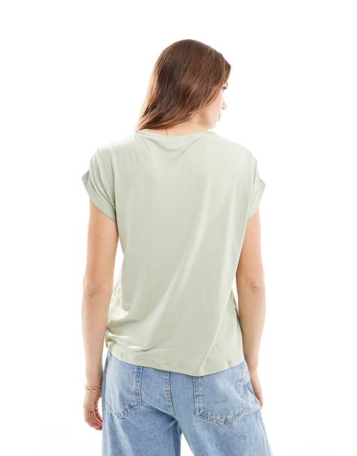 Vila satin front t-shirt with turn up sleeve in sage green, 3 of 4