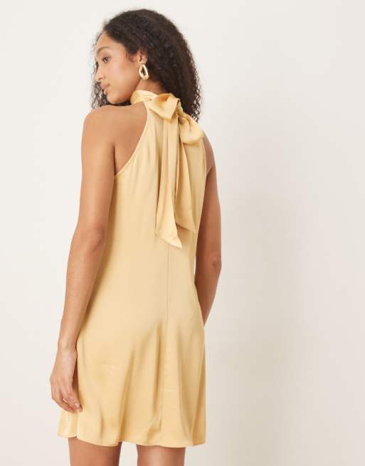 VILA satin halter mini dress in cornsilk yellow