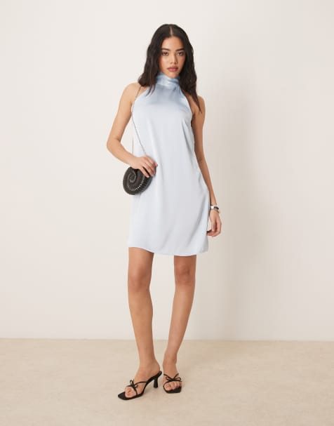 Vila satin halter mini dress in pastel blue - view 1