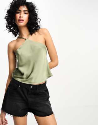 Vila satin halterneck cami top in olive green