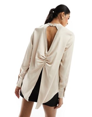 Vila satin high neck blouse with open ruched back in beige