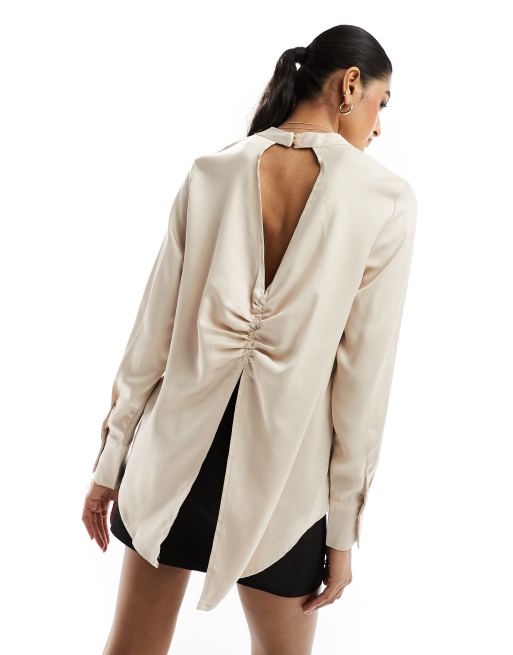 ASOS Long Sleeve Satin Blouse With High Neck And Open Back in