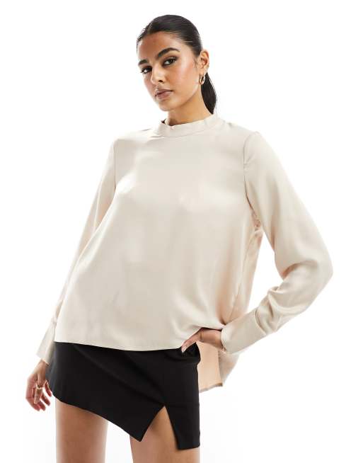 Vila satin high neck blouse with open ruched back in beige