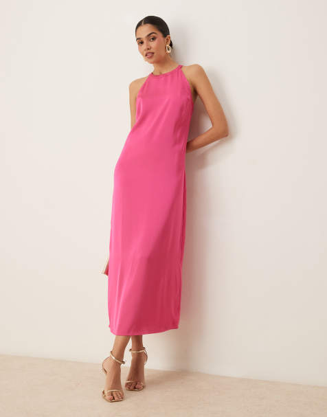 Vila satin high neck maxi dress in raspberry pink - view 1