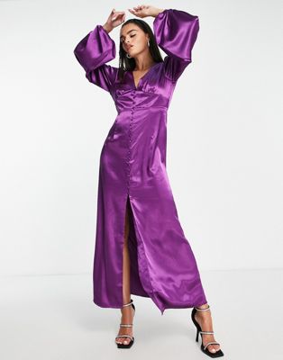 Vila Satin Maxi Dress With Button Front In Purple
