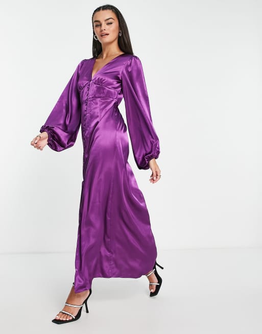 Vila satin maxi dress with button front in purple