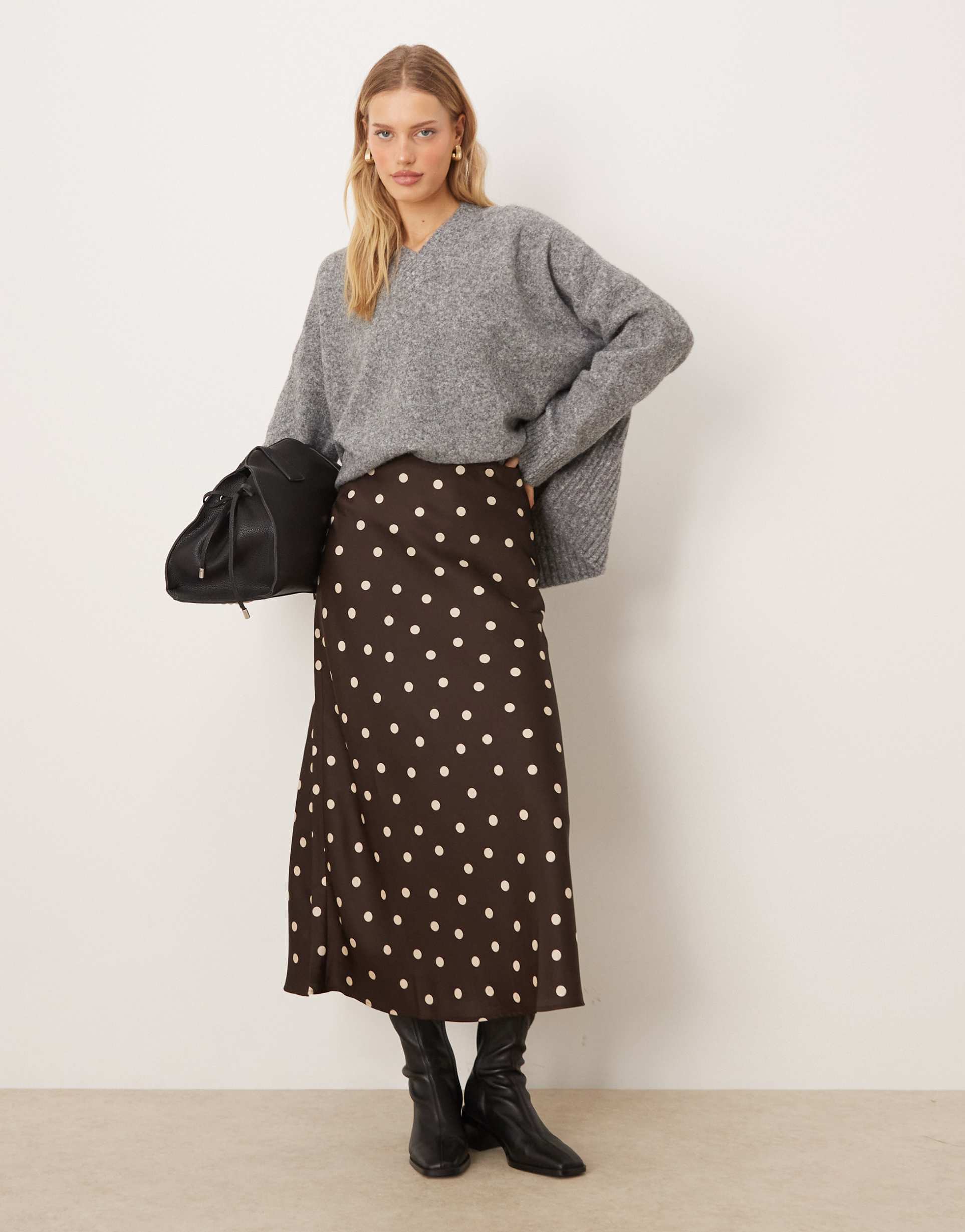 vila satin maxi skirt in brown and cream polka dot print