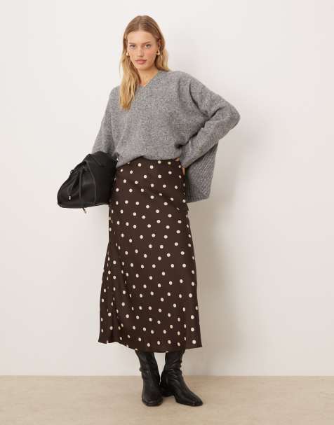 Vila satin maxi skirt in brown and cream polka dot print