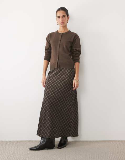 Vila satin maxi skirt in brown check print - view 1