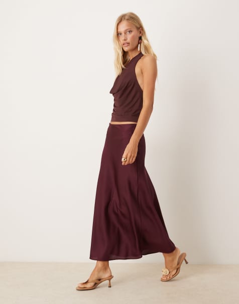 Vila satin maxi skirt in burgundy - view 1