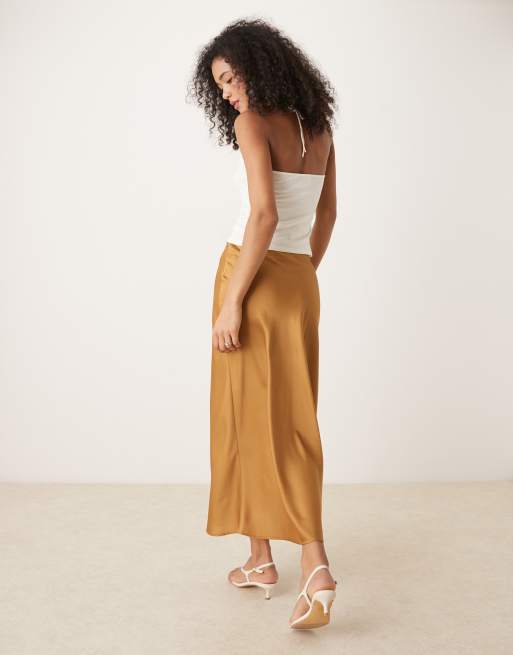 VILA satin maxi skirt in light brown, 3 of 5