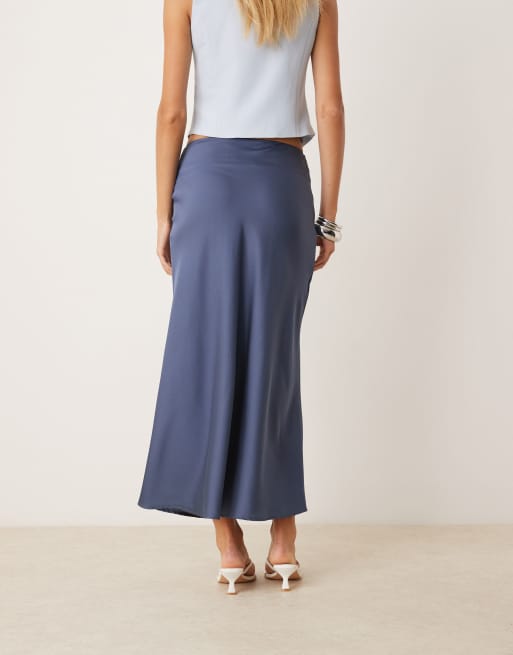 VILA satin maxi skirt in mid blue, 3 of 5