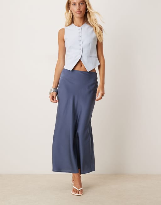 Vila satin maxi skirt in mid blue