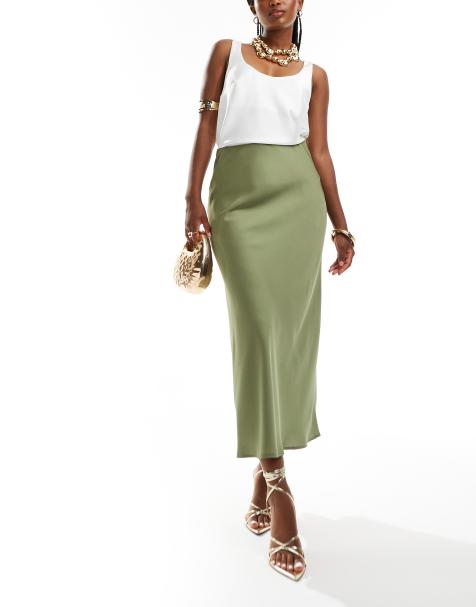 Vila satin maxi skirt in oil green - view 1