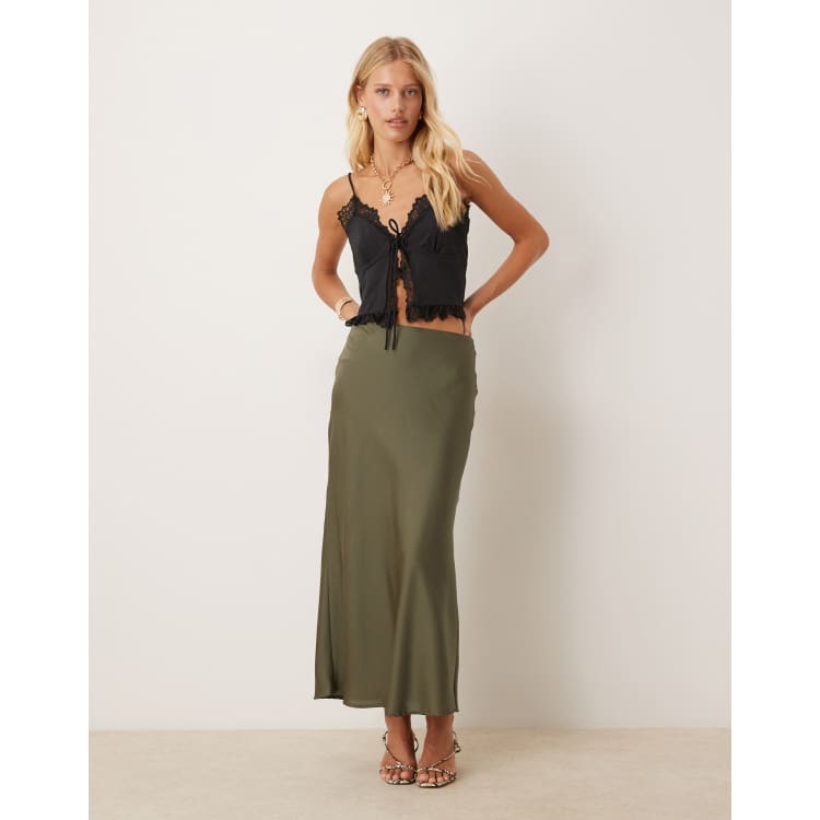 VILA satin maxi skirt in olive green | ASOS
