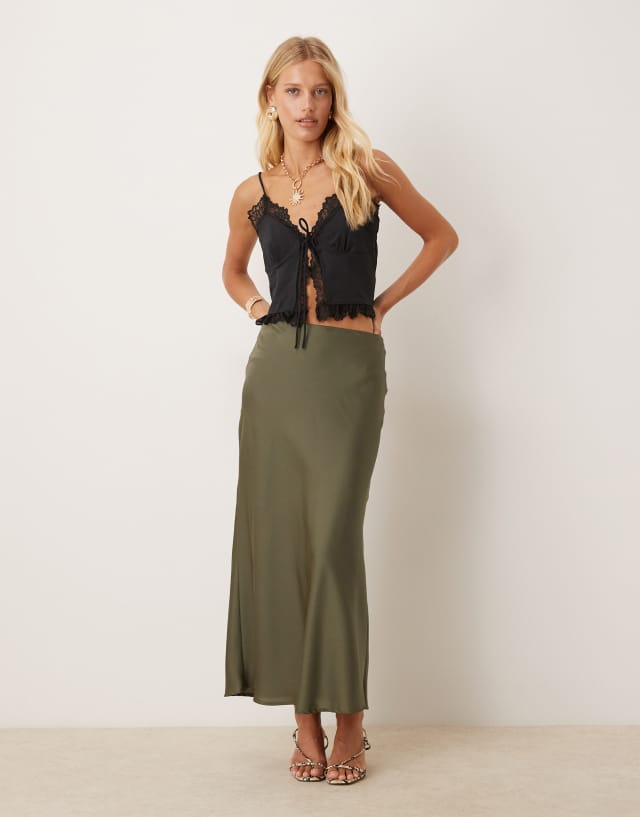 VILA satin maxi skirt in olive green | ASOS