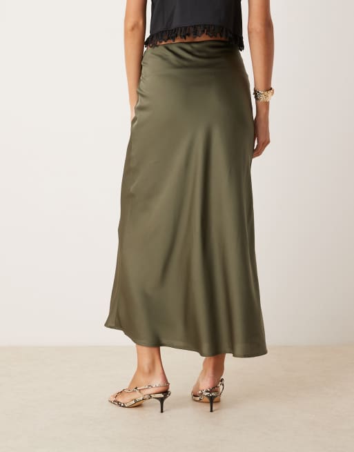 Vila satin maxi skirt in olive green