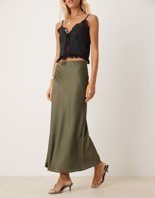 Vila satin maxi skirt in olive green