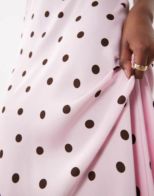 Vila satin maxi skirt in pink and chocolate polka dot, 3 of 5
