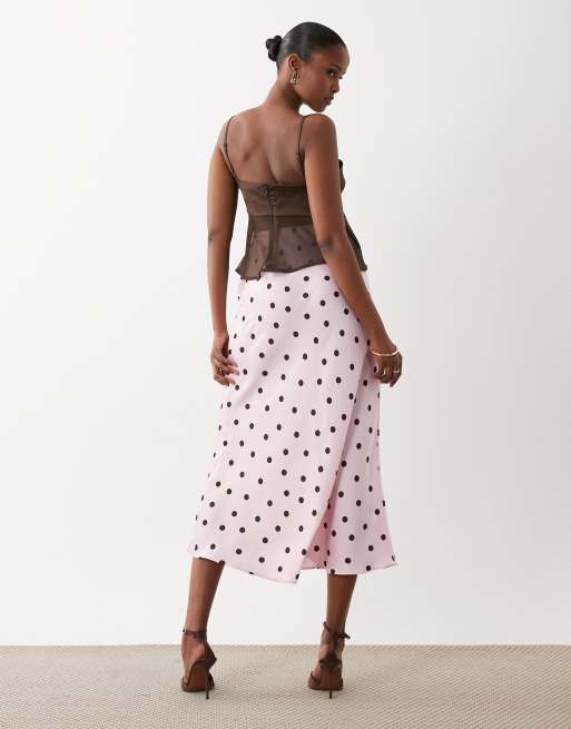 Vila satin maxi skirt in pink and chocolate polka dot, 5 of 5