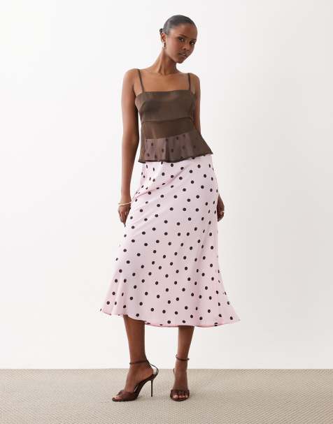 VILA satin maxi skirt in pink and chocolate polka dots - view 1