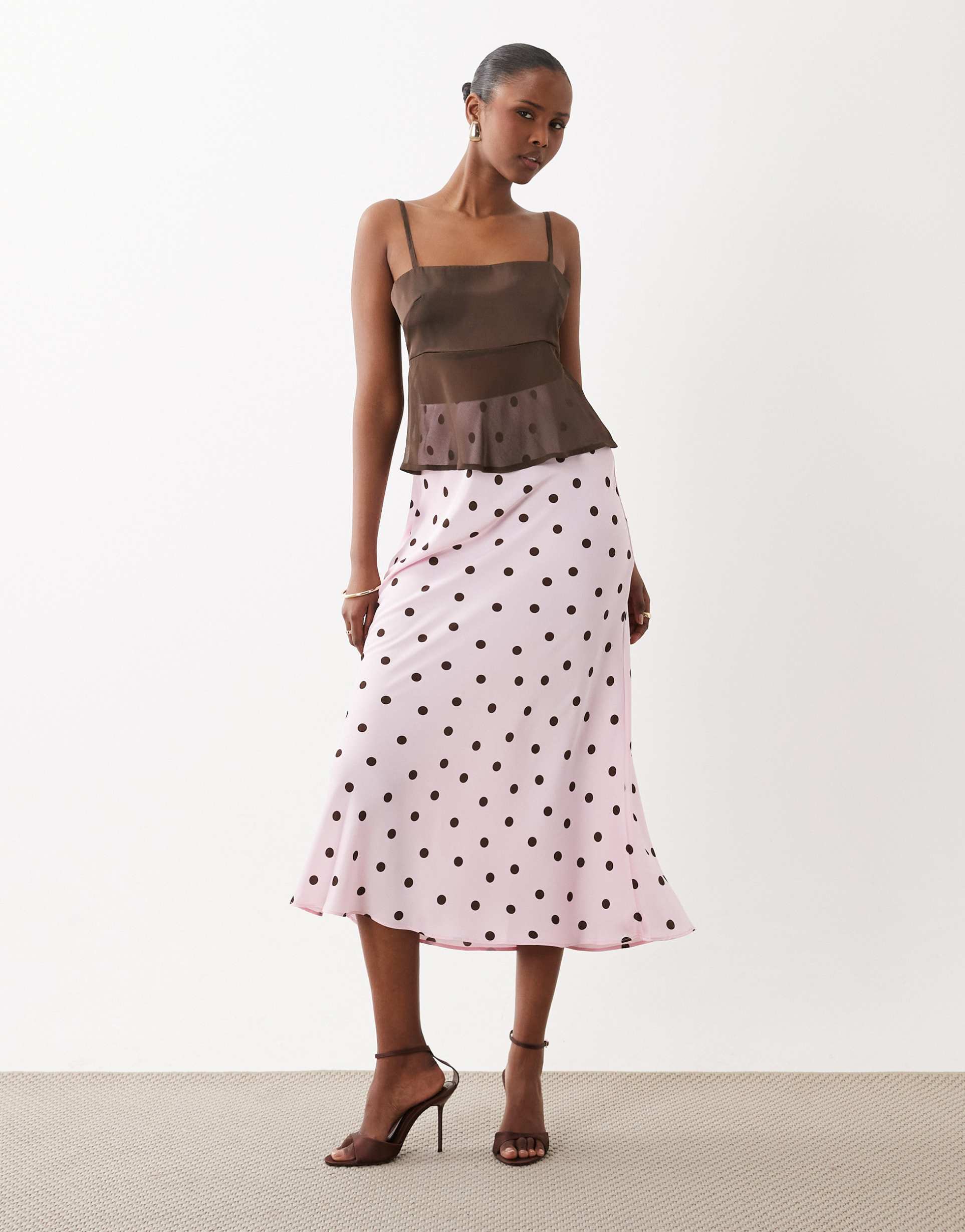 vila satin maxi skirt in pink and chocolate polka dots