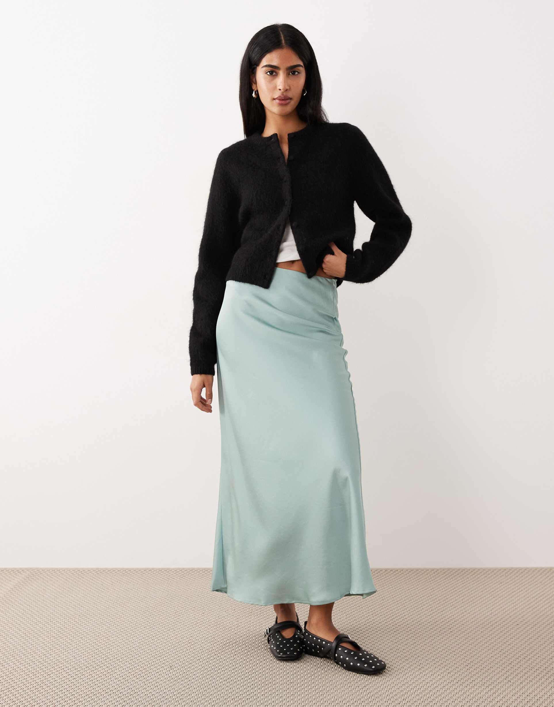 vila satin maxi skirt in teal blue