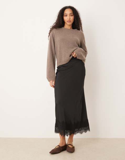 Vila satin maxi skirt with lace trim in black